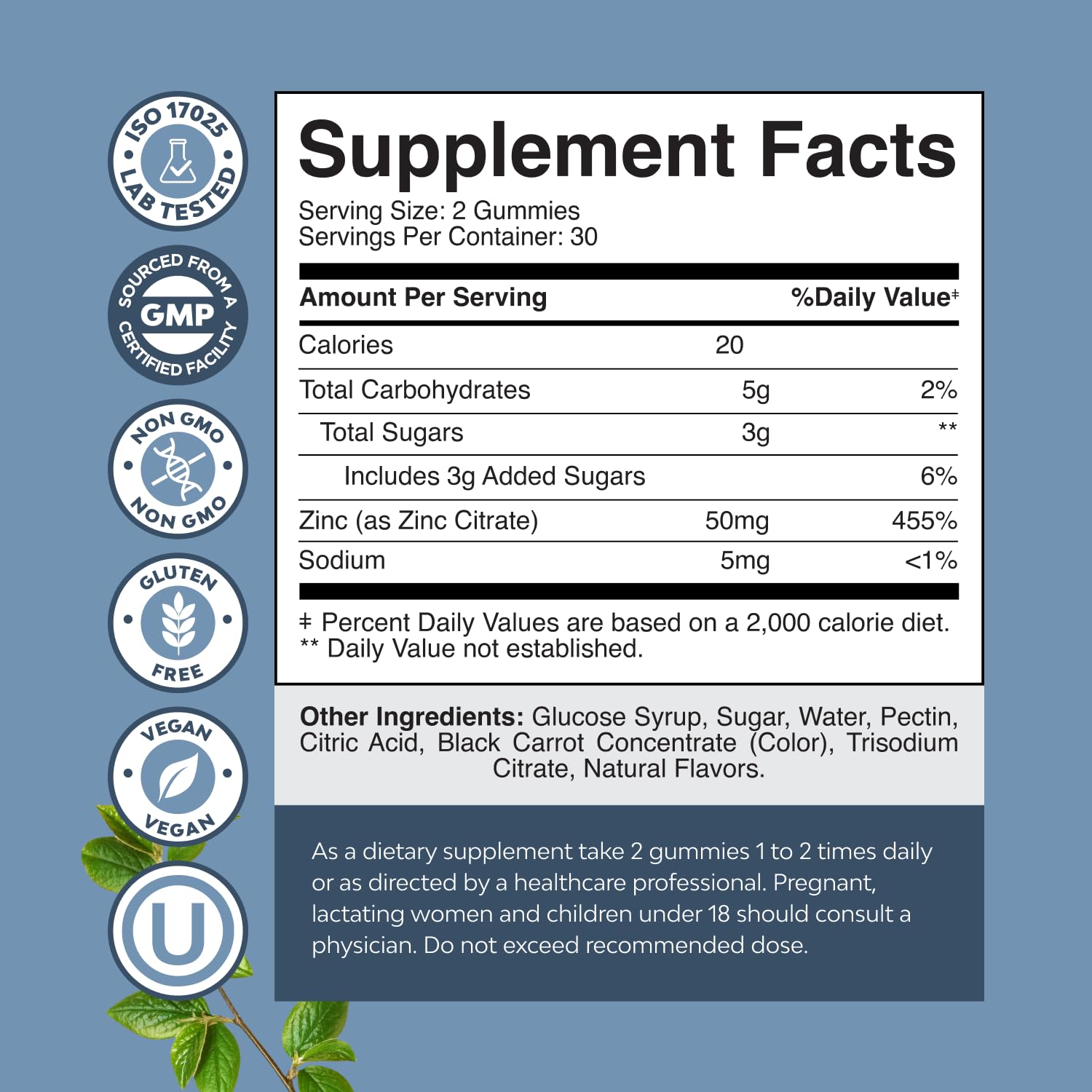 Gommes zinc Natures Craft citrate, absorption supérieure.