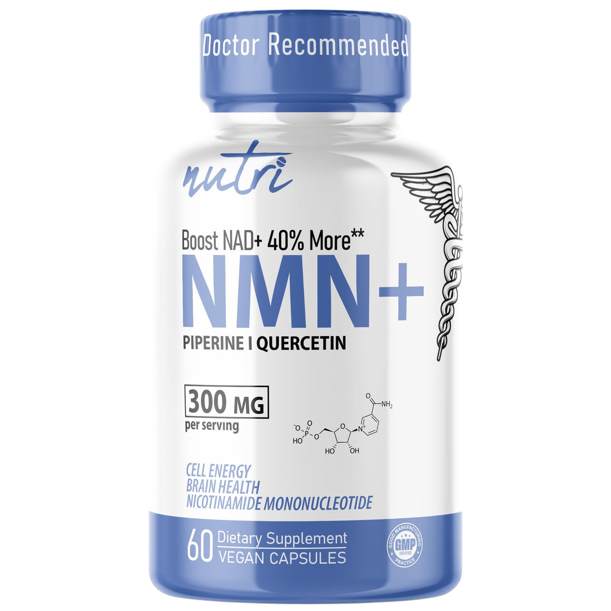 Nature's Fusions NMN bouteille prise de vue met en avant le flacon compact pour une énergie quotidienne potentielle.