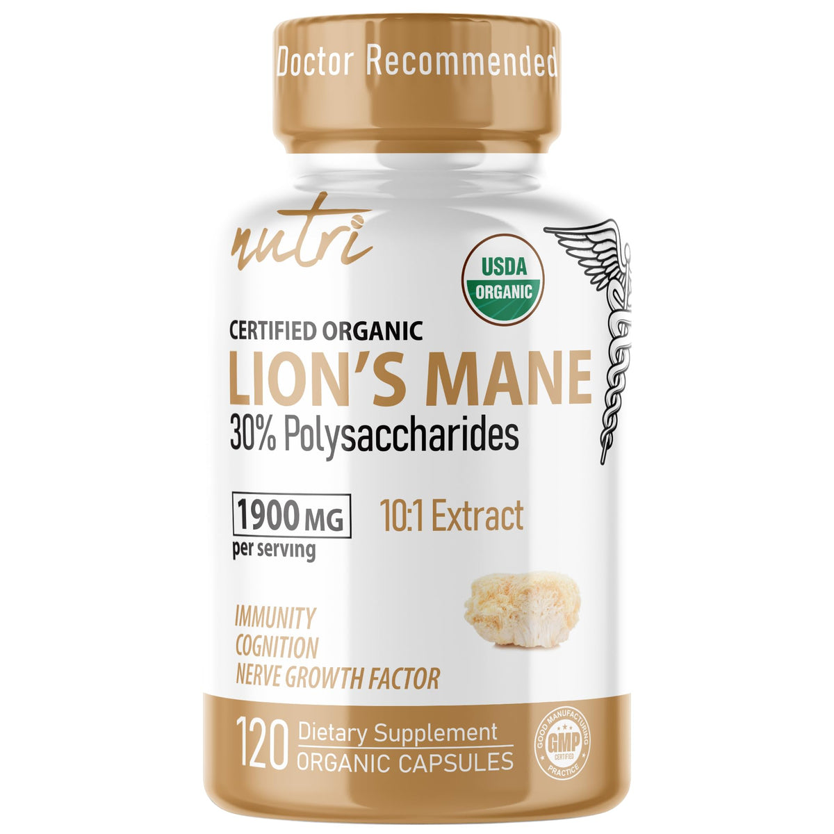 Nature's Fusions Nutri Lions Mane bouteille, soutien cognitif potentiel et clarté mentale.