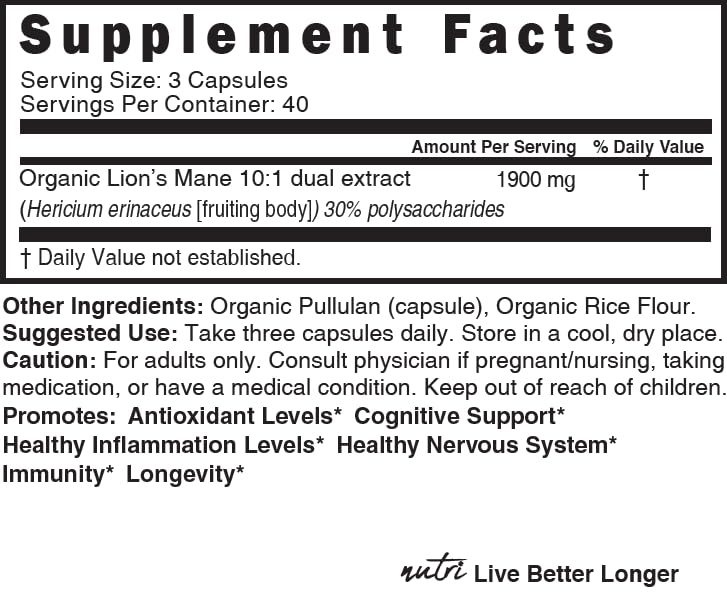 Corps fructifiant Nutri Lions Mane—source des composés bioactifs pour le soutien cognitif.