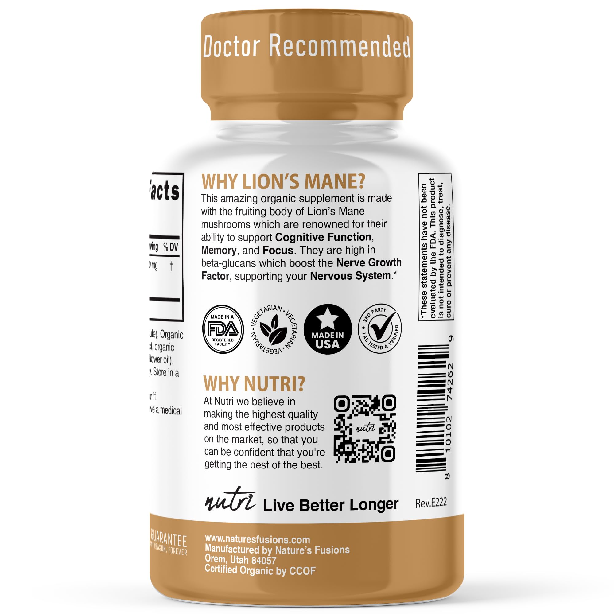 Étiquette Nutri Lions Mane Nature's Fusions — biologique et certifiée par laboratoire indépendant.