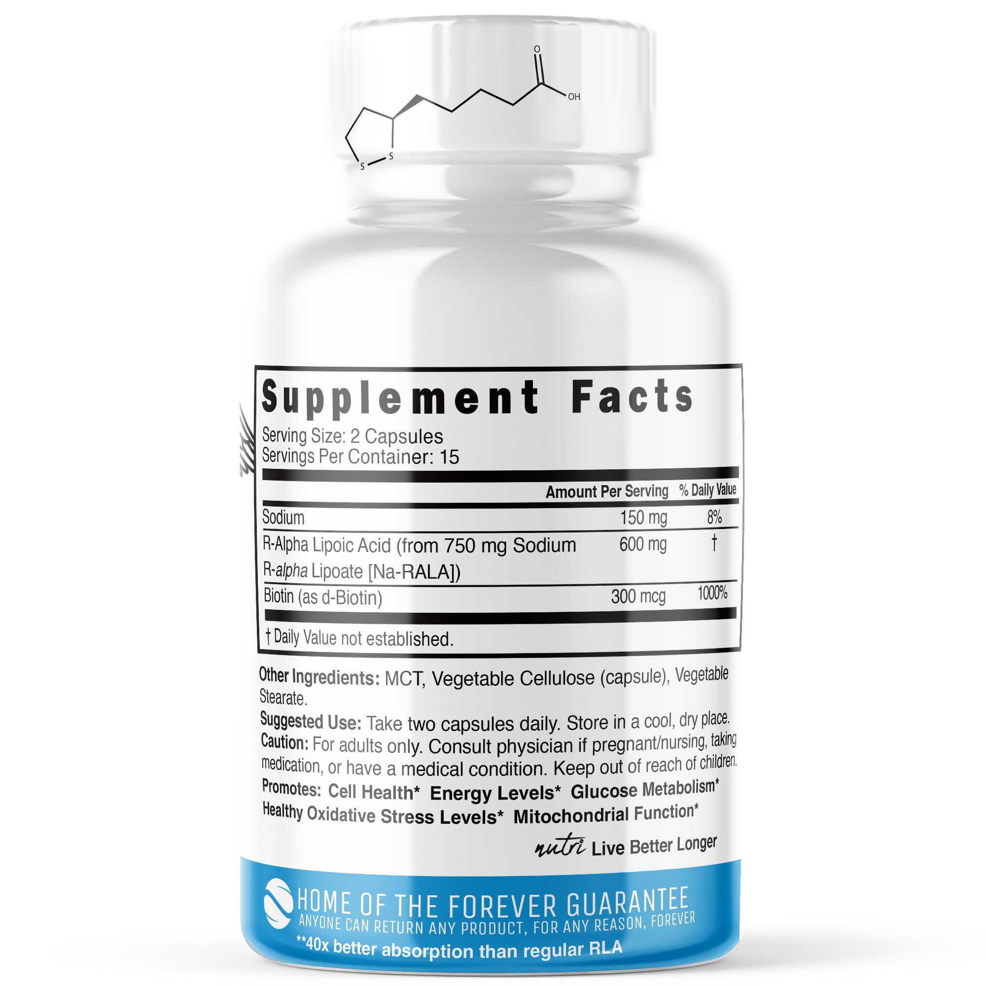 Nature's Fusions Nutri R-ALA – Capsules véganes, dosage 600 mg par prise.