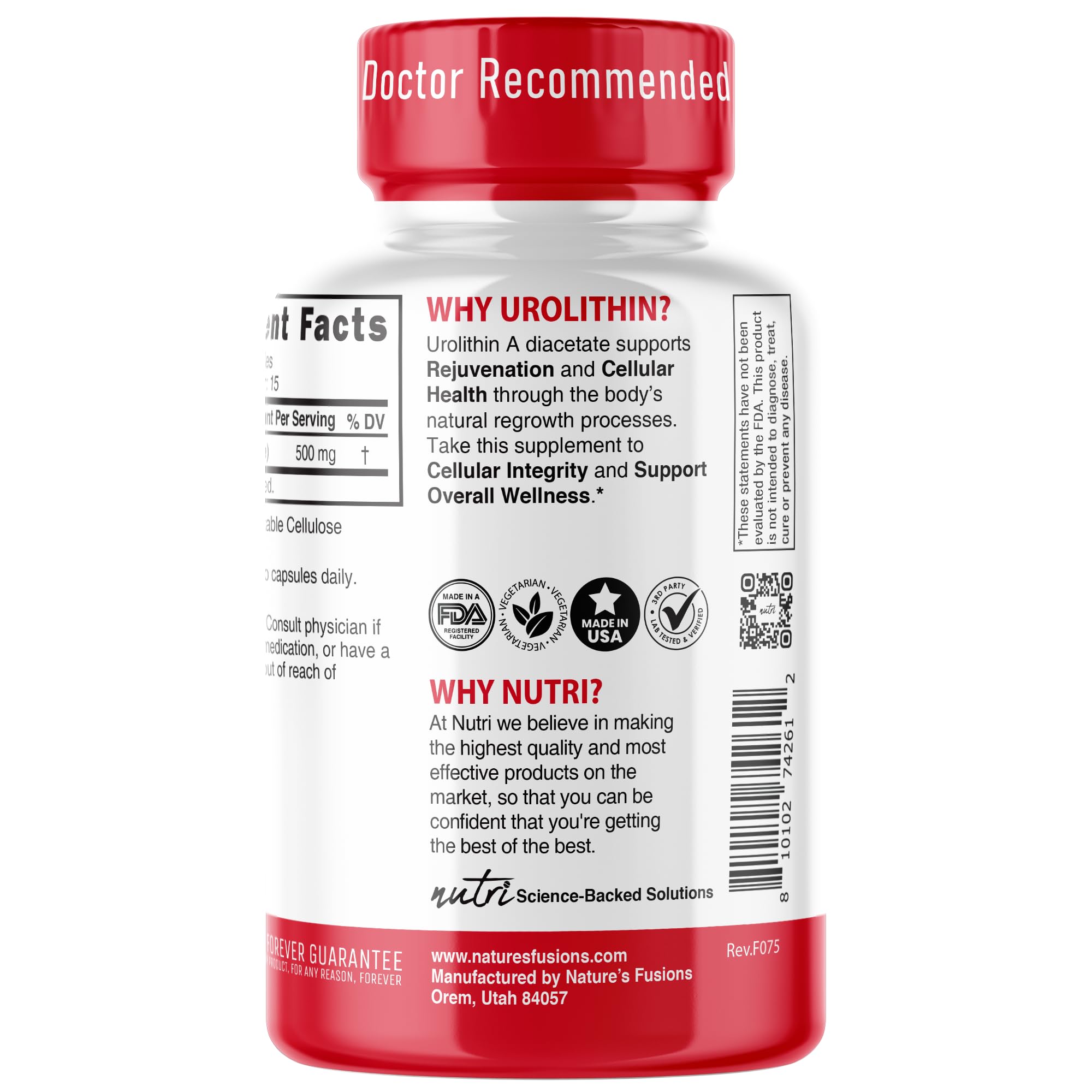 Nature's Fusions Nutri Urolithin A, étiquette et tests tiers garantissent pureté.