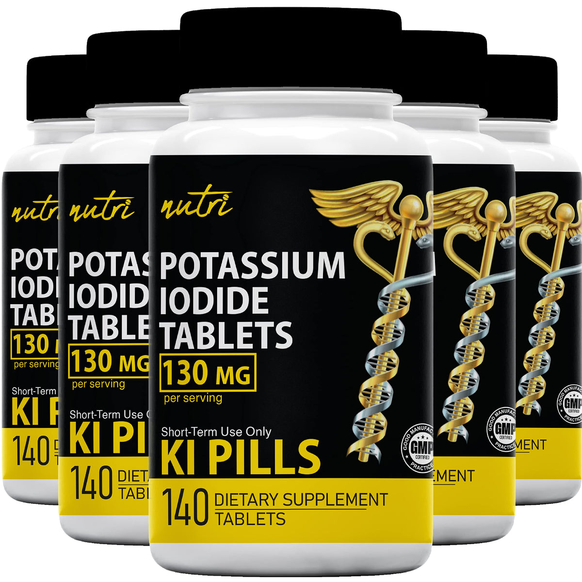 Nature's Fusions tablettes d’iodure de potassium 130 mg, emballage 5 paquets, stockage sûr.