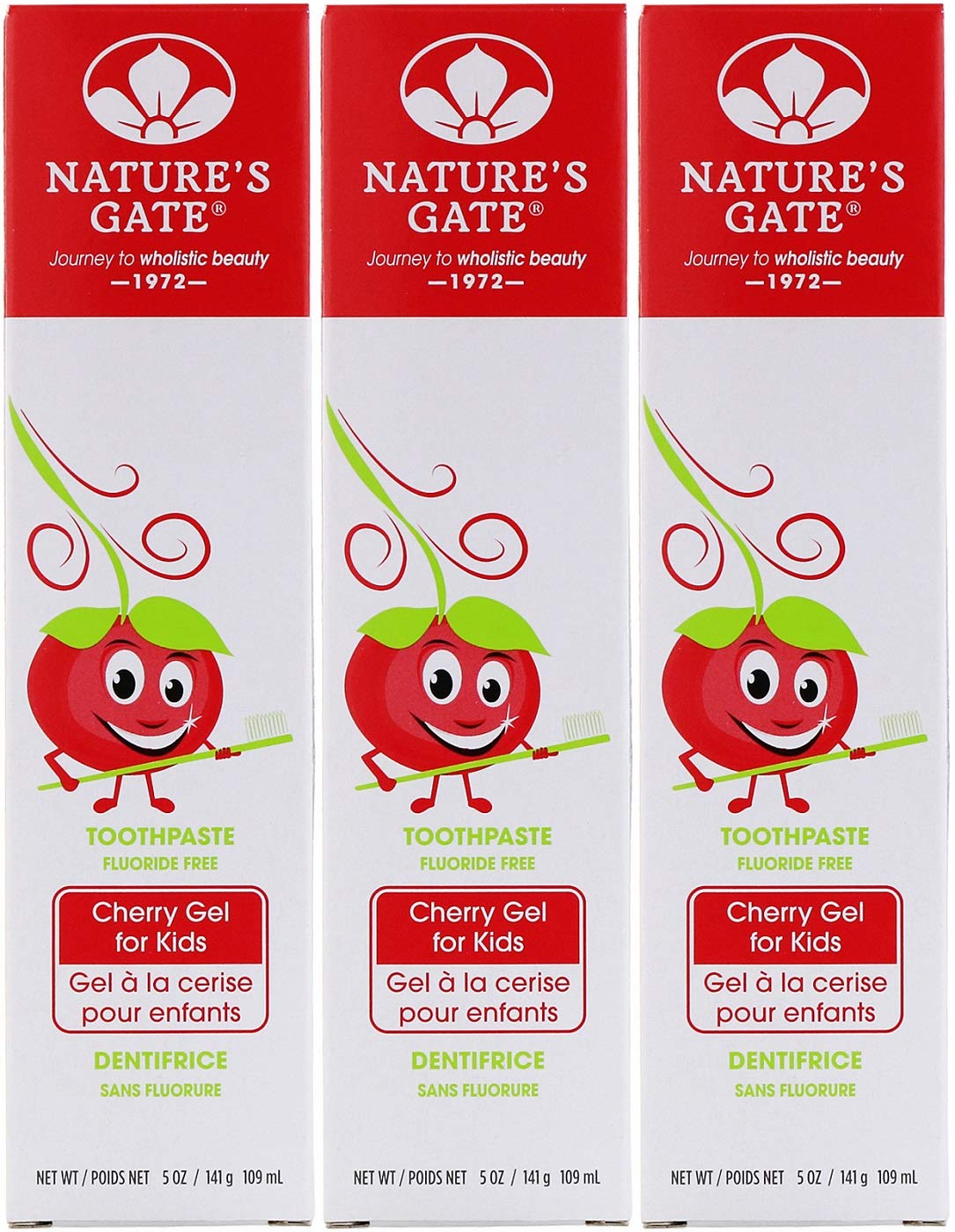 Dentifrice gel cerise Nature's Gate pour enfants – trio d'emballage, brossage agréable