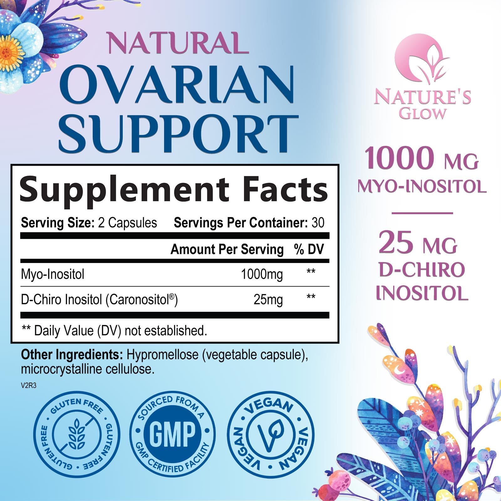 Nature's Glow capules D-Chiro-Inositol: flacon clair et facile à manipuler.