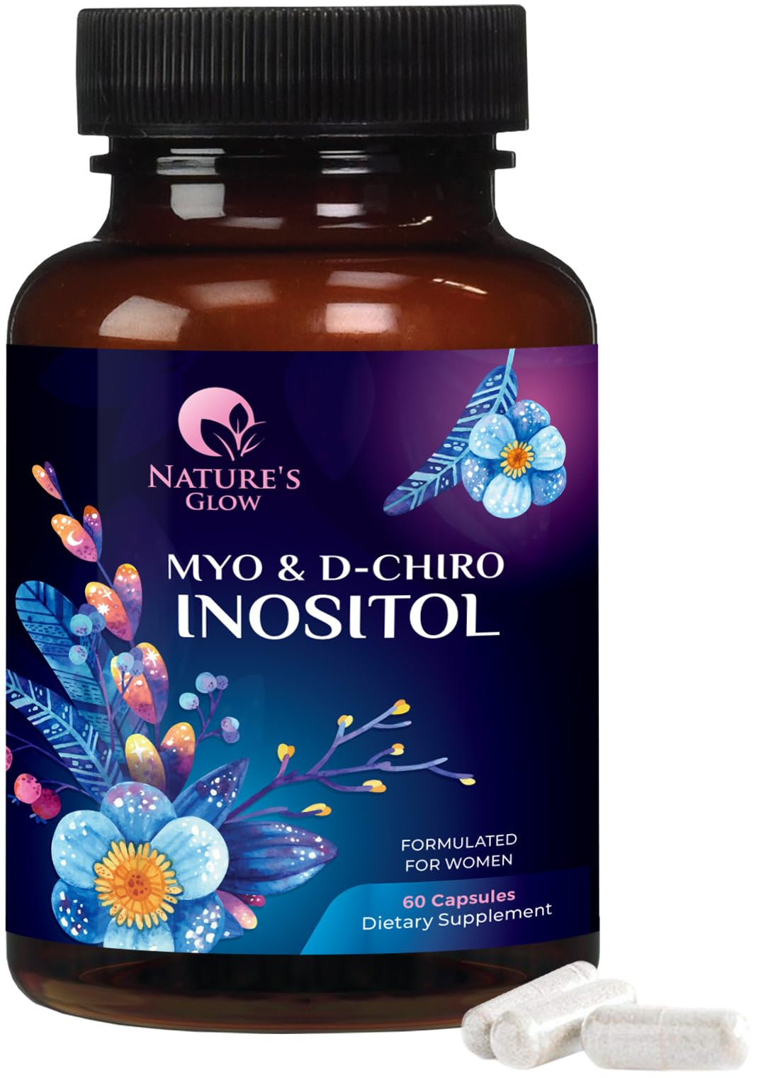Nature's Glow capules Myo-Inositol: capsules visibles prêtes à la prise quotidienne.