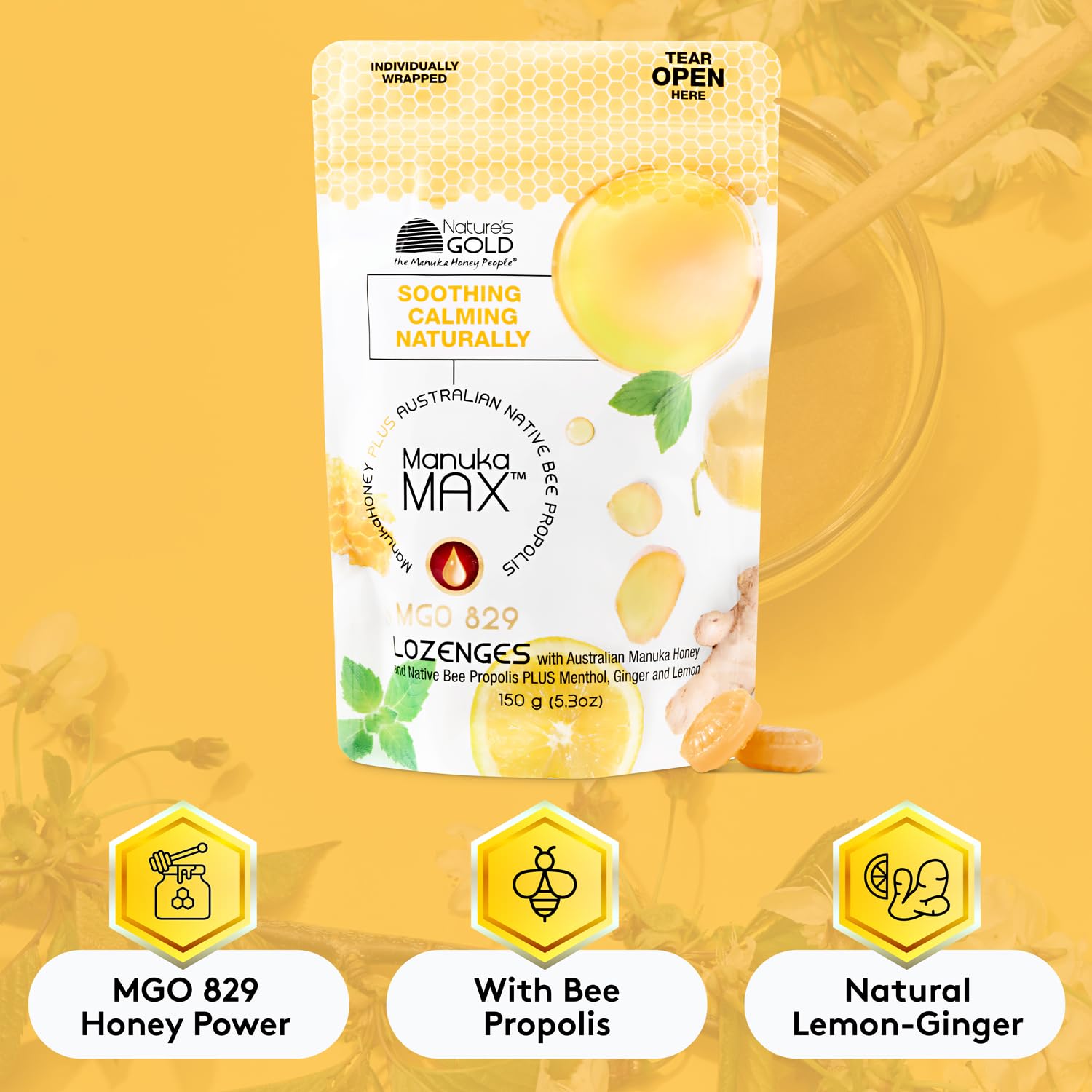 Nature's Gold pastilles – détail miel Manuka, saveur délicate et pureté.