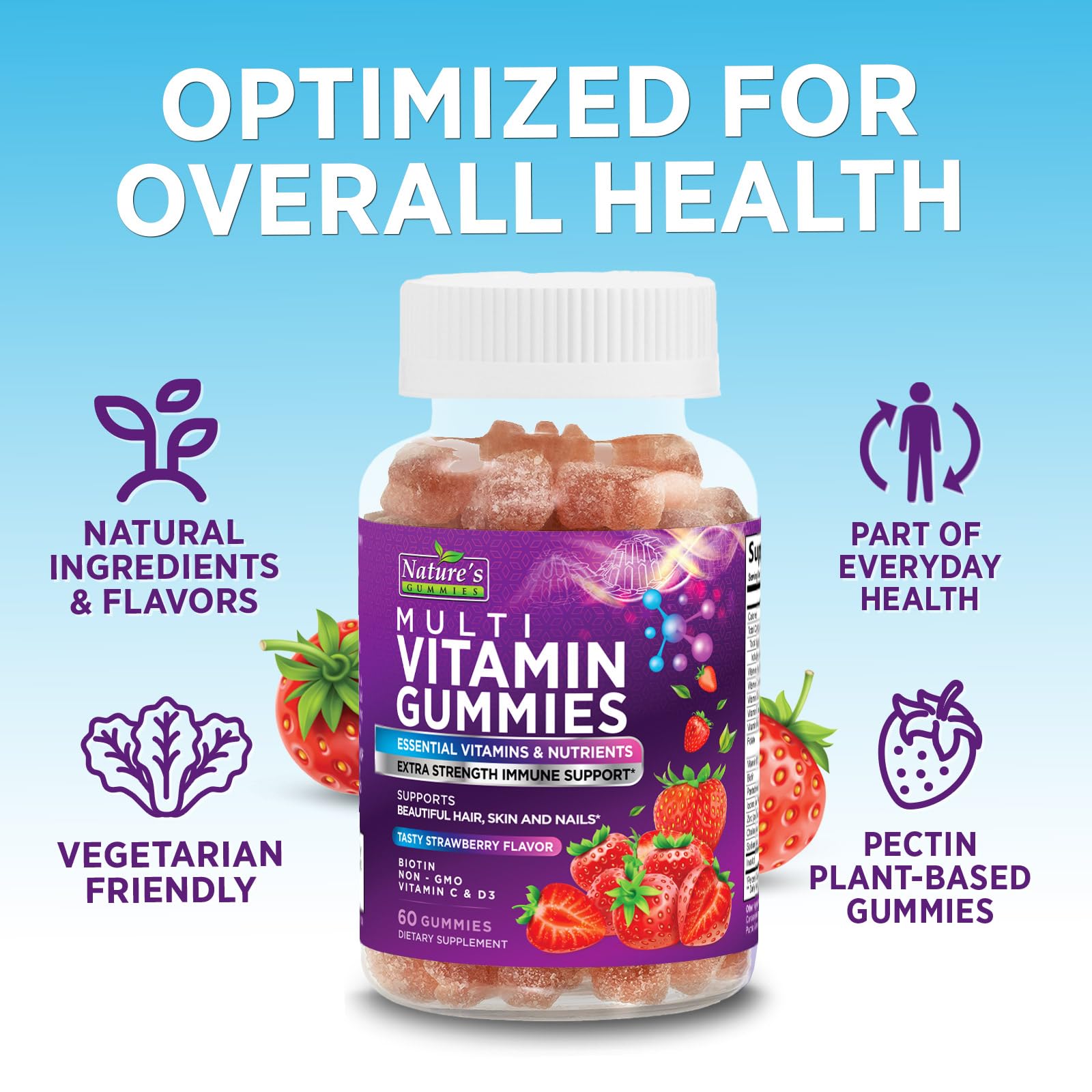 Nature's Gummies: emballage pratique avec 60 gommes.