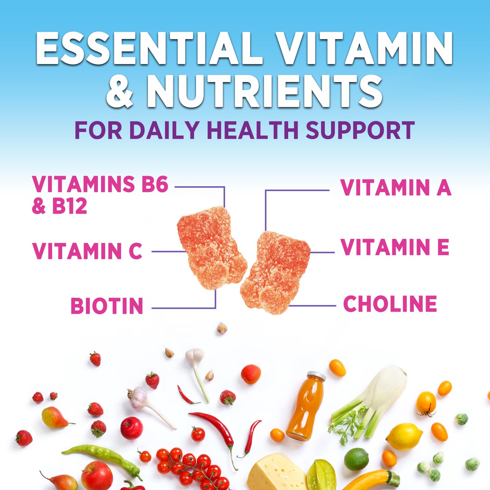 Nature's Gummies: ingrédients clés vitamine et zinc pour l'énergie.