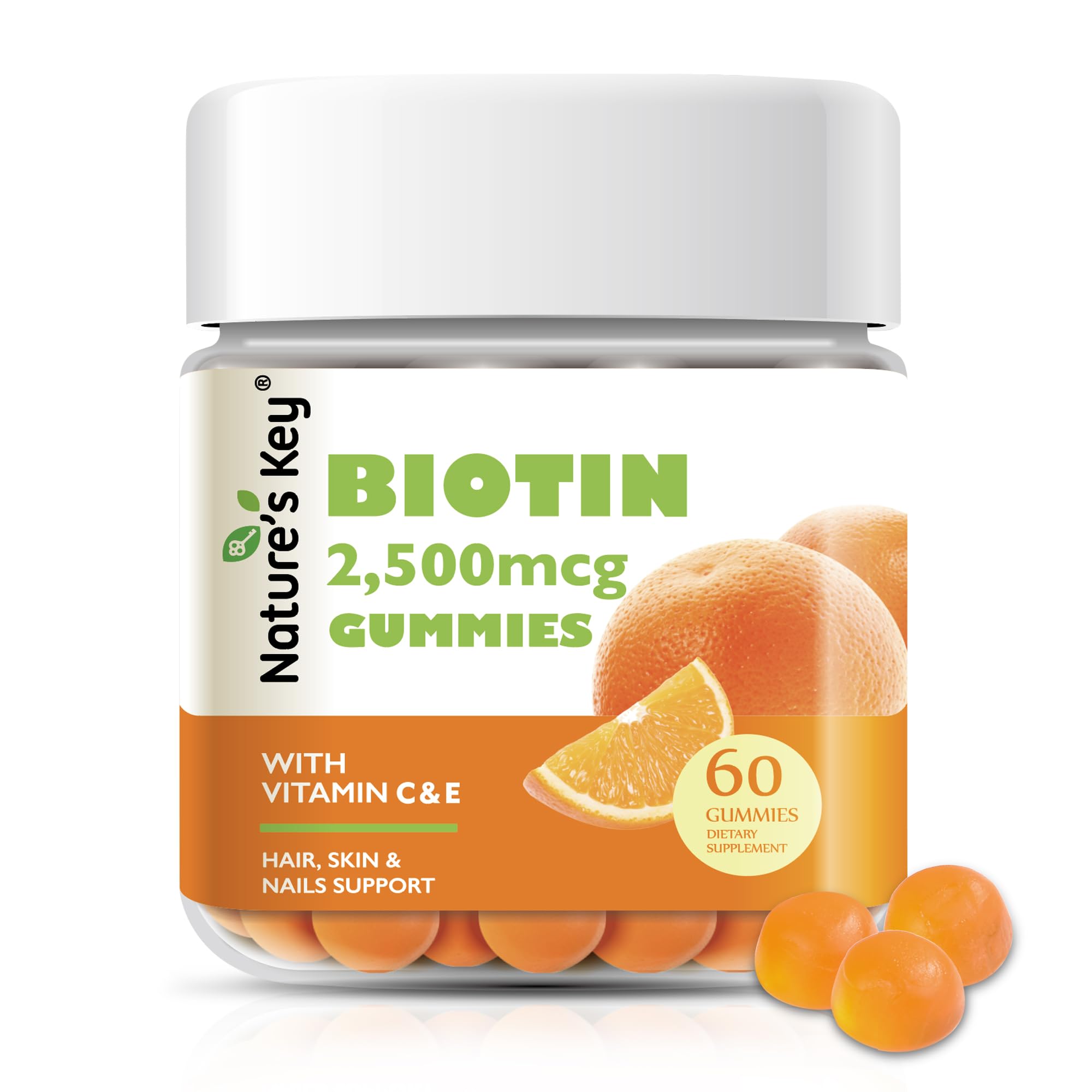 Gomme Biotine Nature's Key bouteille saveur orange, soutien cheveux et ongles