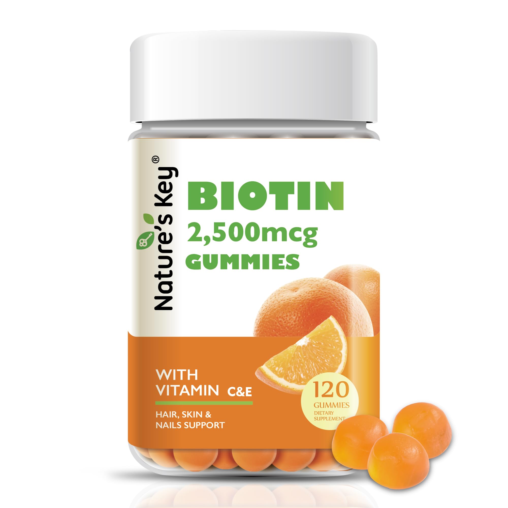 Nature's Key Biotin Gummies orange dans une bouteille pratique pour une routine quotidienne.