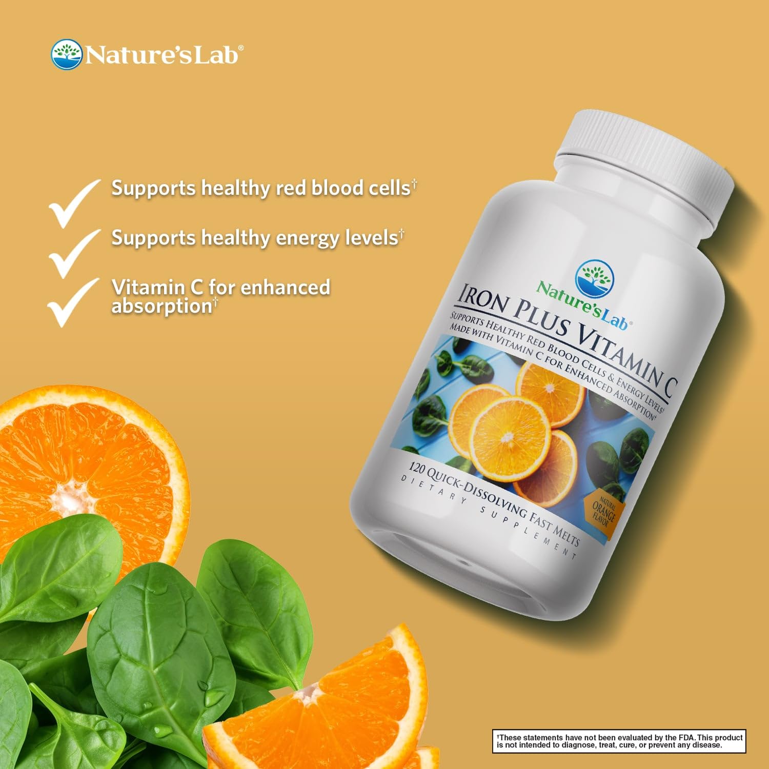 Nature's Lab Fer Plus Vitamine C Tablettes Melt Dissolution Rapide — facile à prendre.