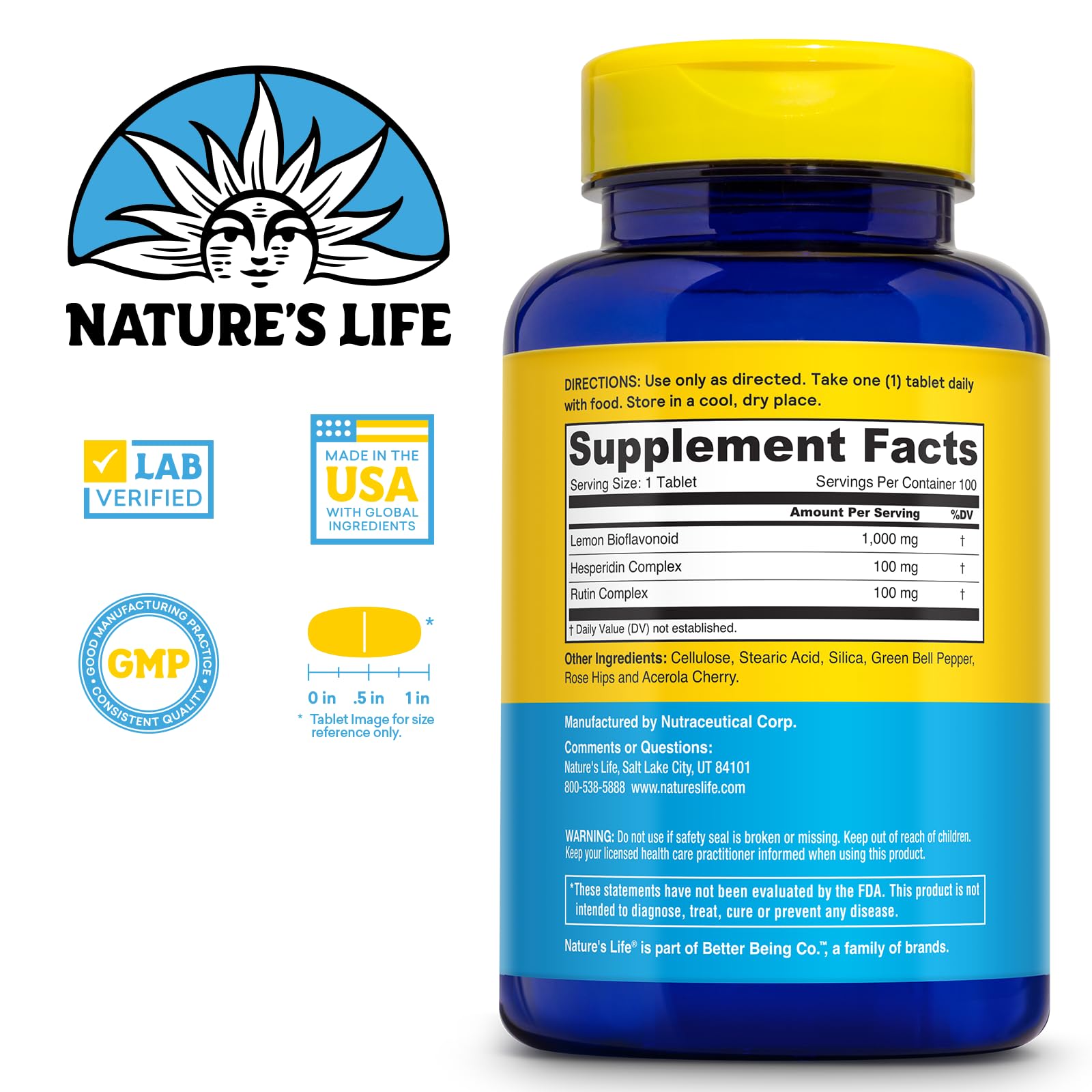 Nature's Life Lemon Bioflavonoids comprimés tri-Complex optimisant l'apport nutritionnel.