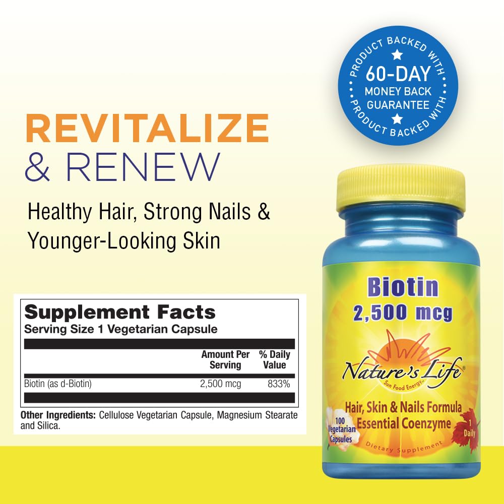 Nature's Life Biotin 2500mcg pour ongles plus solides et peau éclatante.