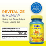 Nature's Life Biotin 2500mcg pour ongles plus solides et peau éclatante.
