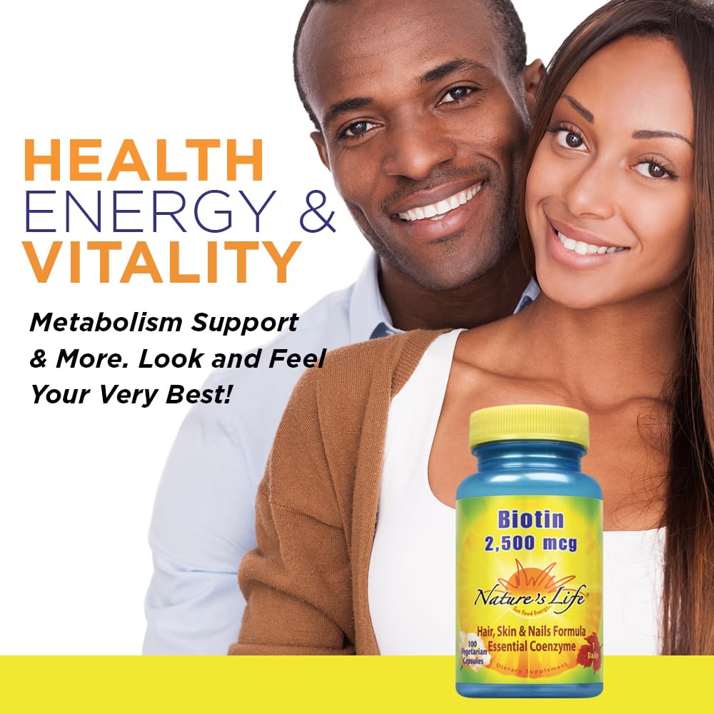Nature's Life Biotin 2500mcg pour peau lumineuse et ongles renforcés.
