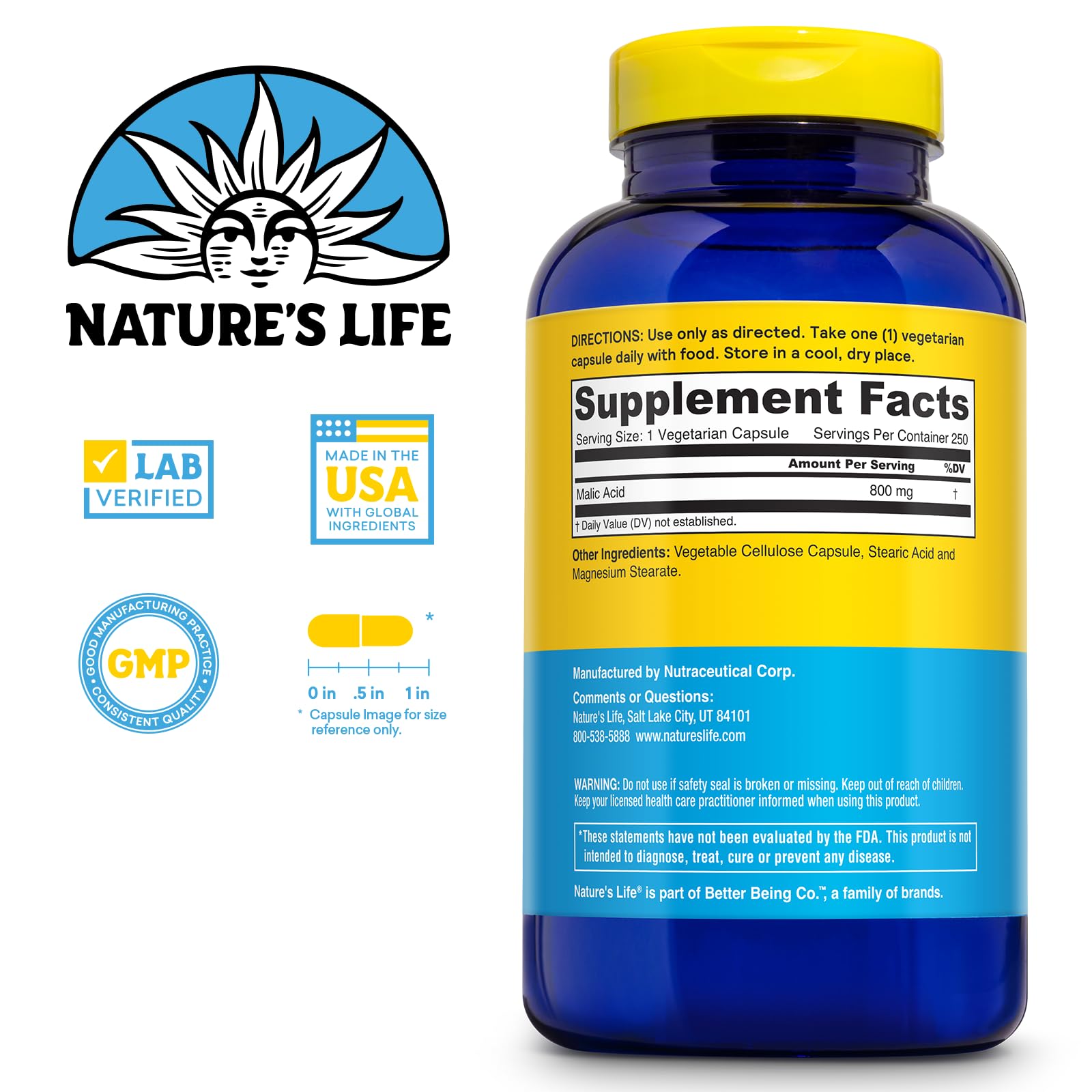 Nature's Life Acide Malique 800 mg — bouteille de 250 comprimés, pratique au quotidien.