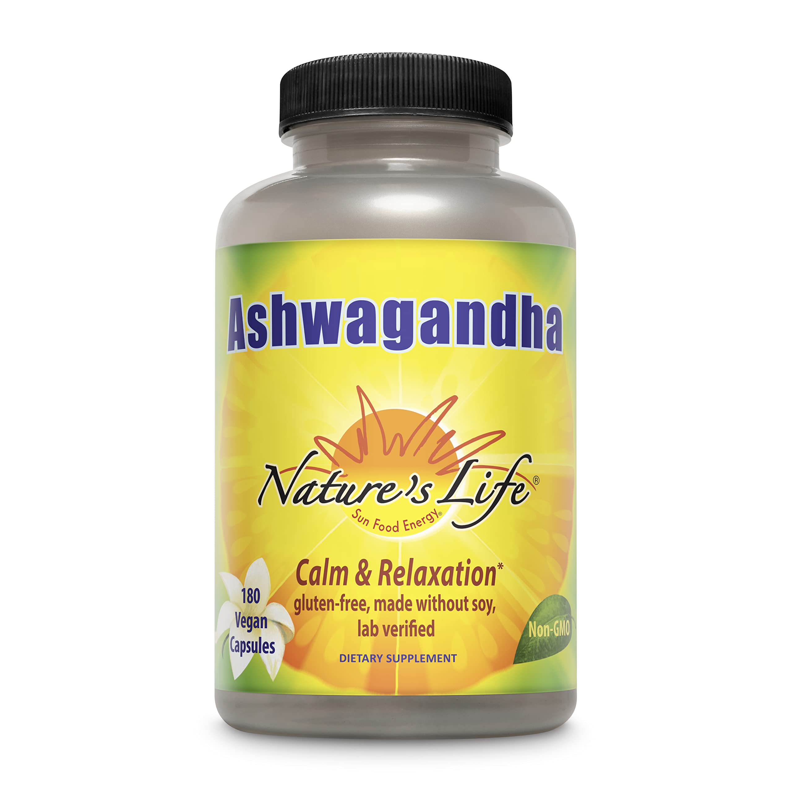 Nature's Life Ashwagandha, bouteille de gélules pour relaxation potentielle.