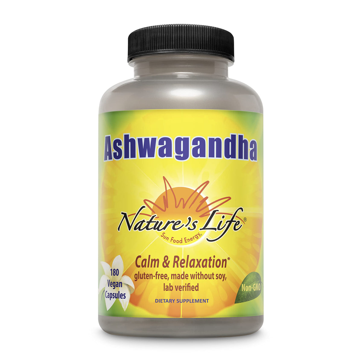 Nature's Life Ashwagandha, bouteille de gélules pour relaxation potentielle.