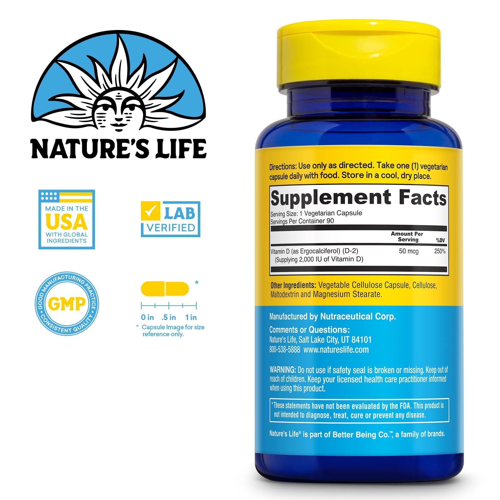 Bouteille Nature's Life D2 2000 UI – format pratique pour la routine journalière