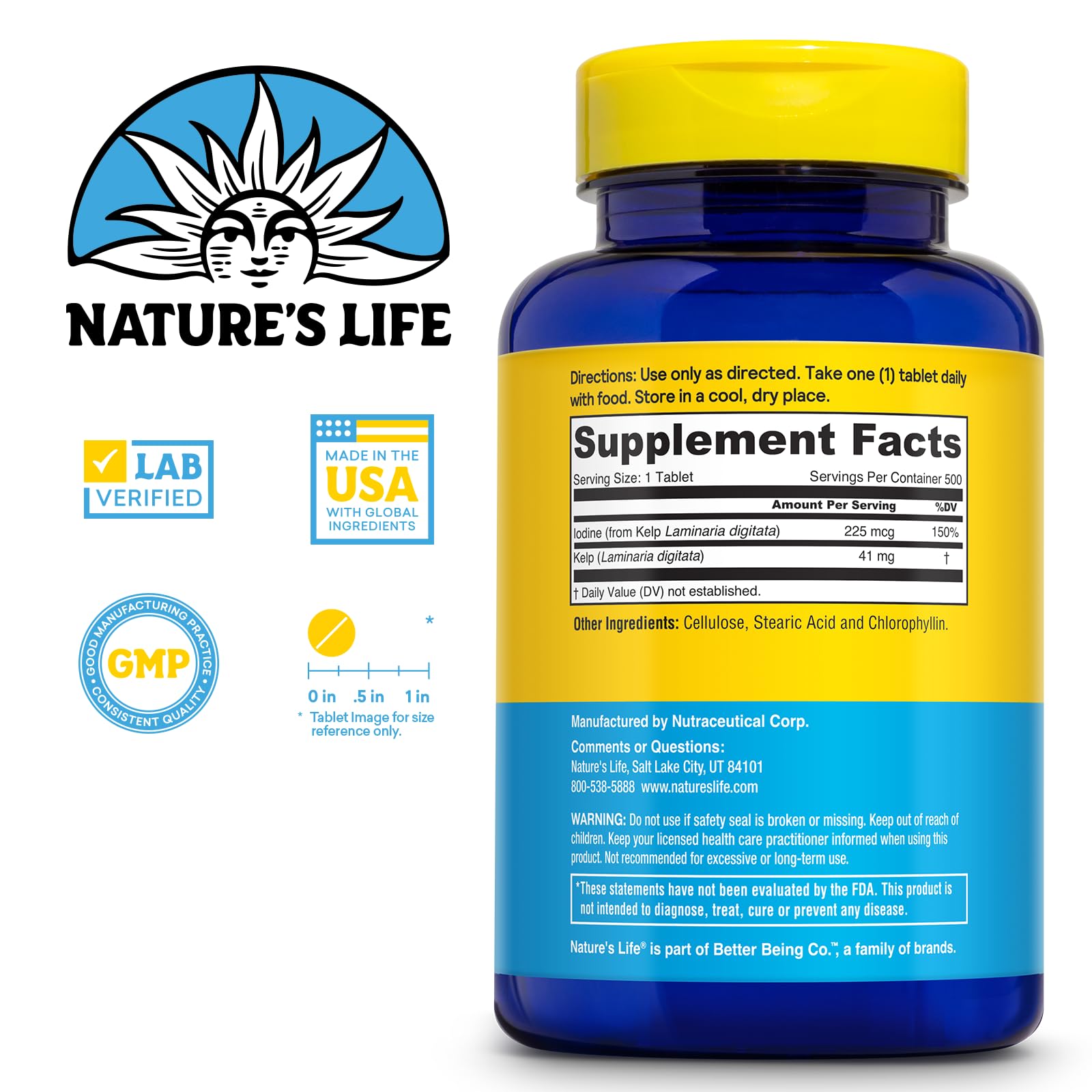 Nature's Life comprimé iode 225mcg, soutient la fonction thyroïdienne normale.