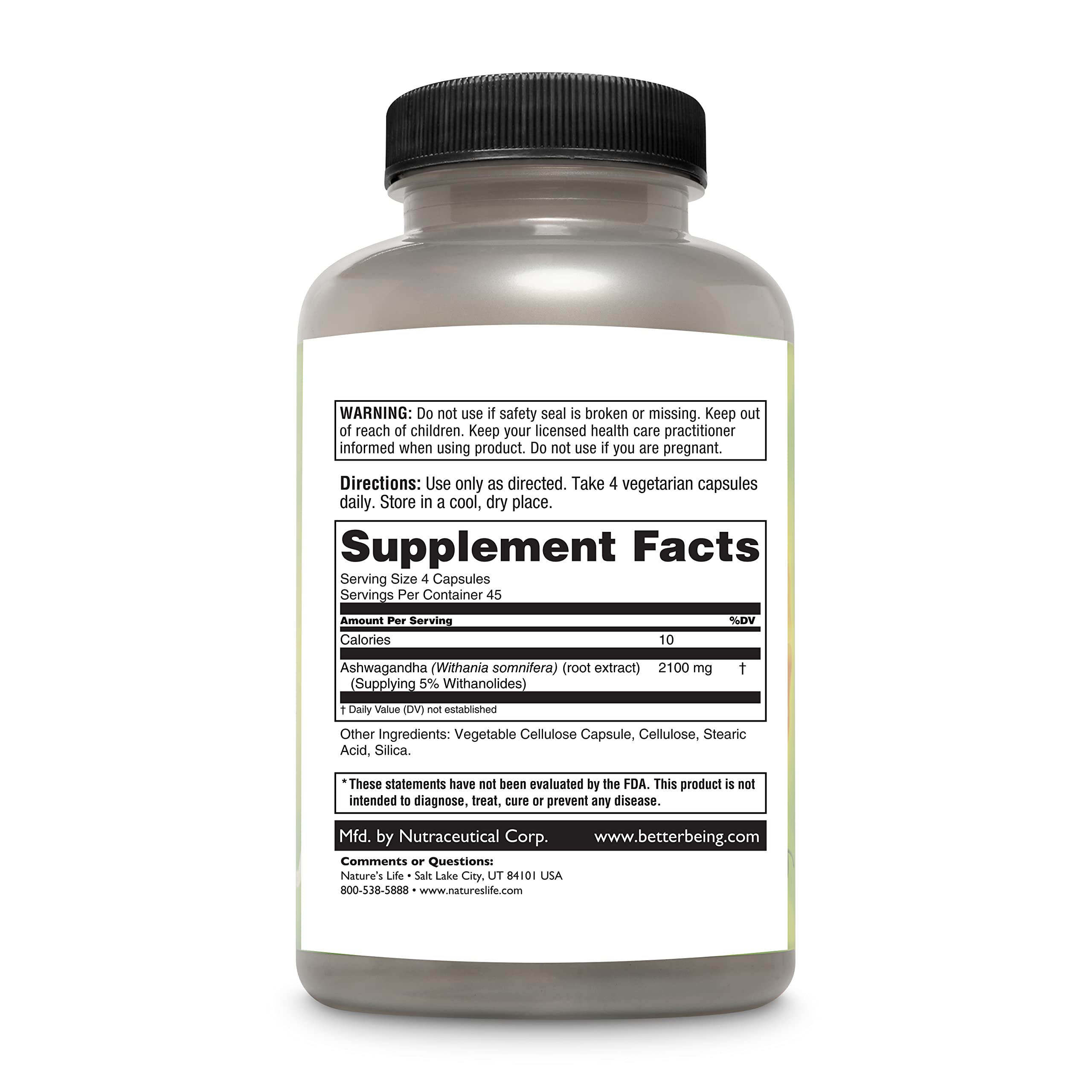 Nature's Life Ashwagandha, dose de 4 capsules, prise quotidienne pratique.