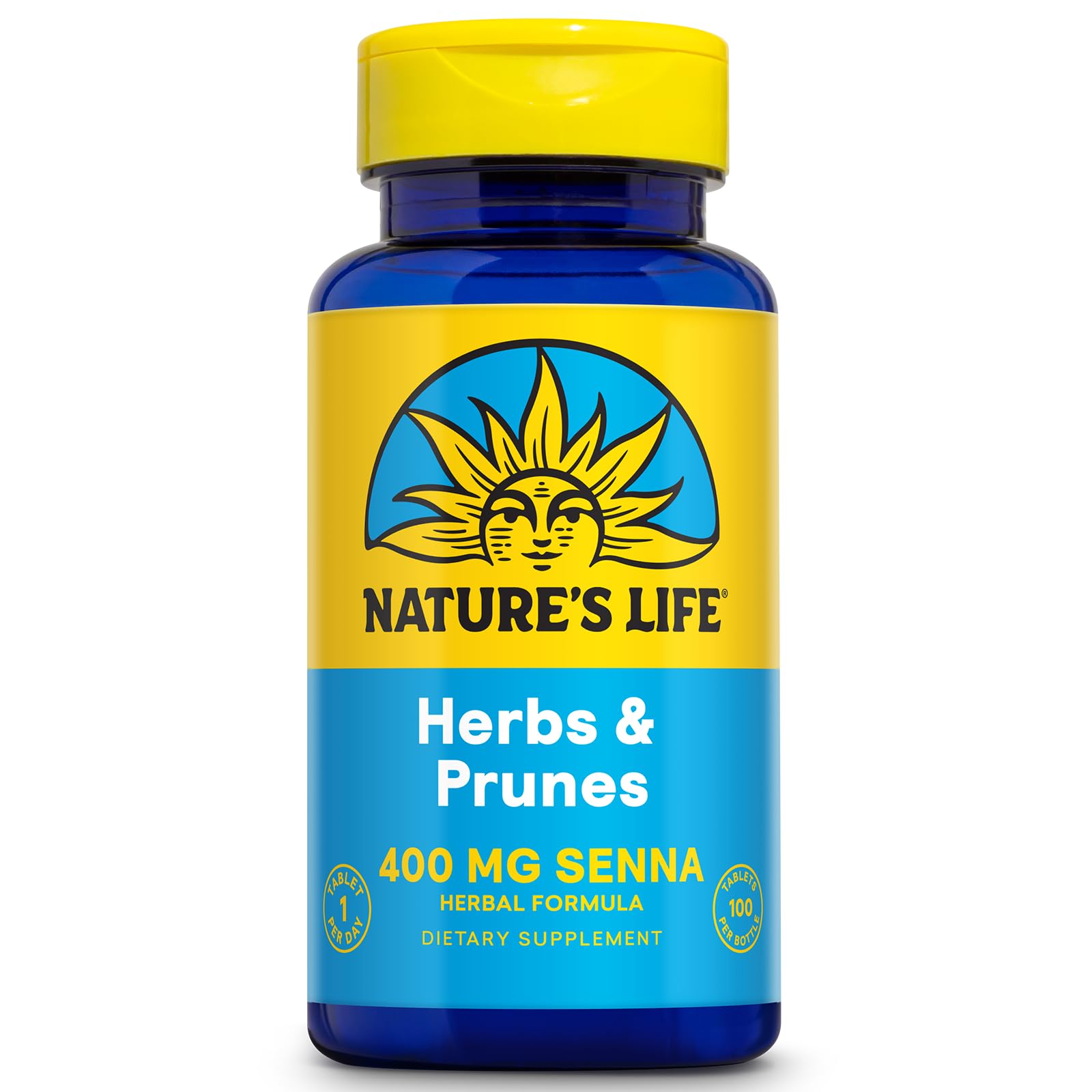 Nature's Life Herbs & Prunes, bouteille ouverte, soutien quotidien naturel grâce aux plantes.