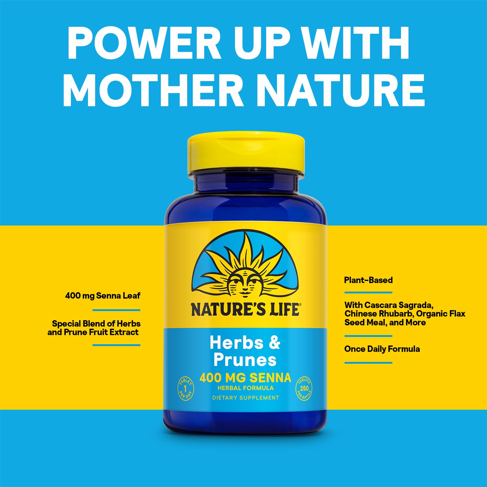 Nature's Life Herbs & Prunes – tableau ingrédients mettant séné et prune en avant