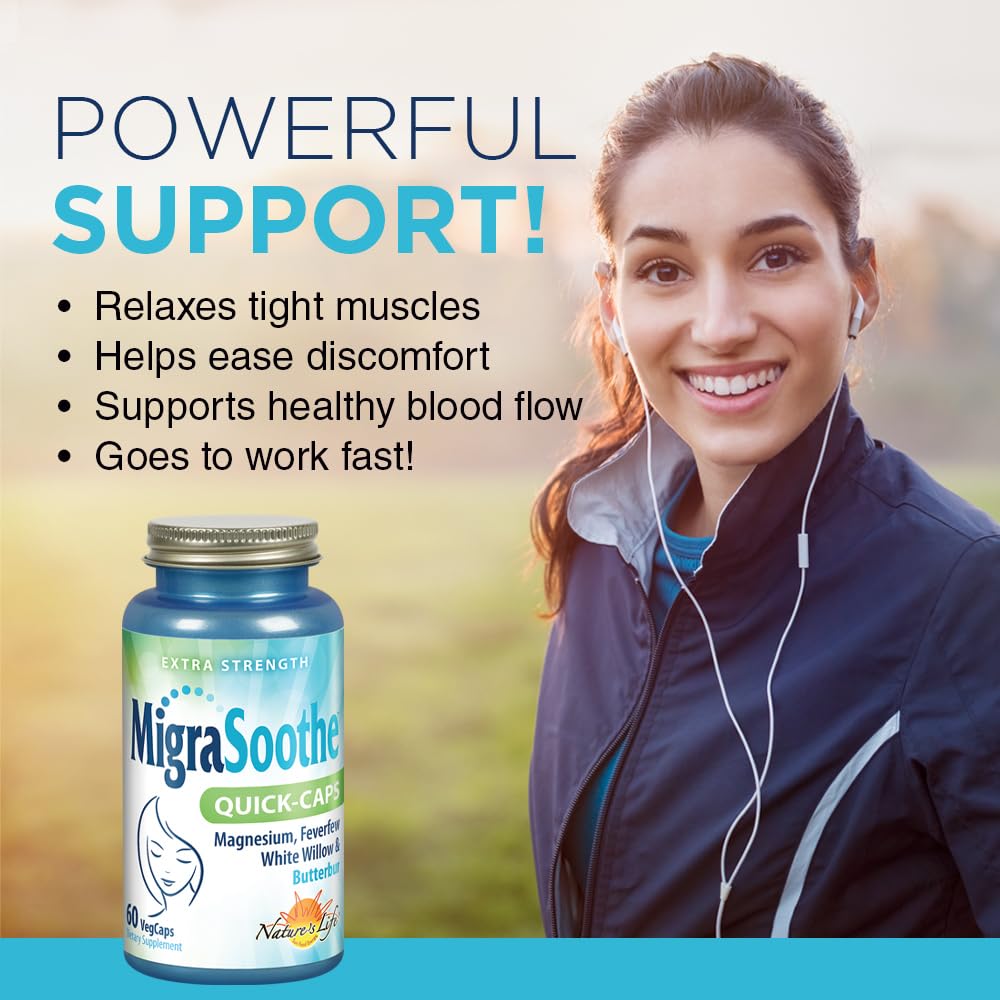 Nature's Life MigraSoothe – ingrédients naturels avec magnésium et plantes.