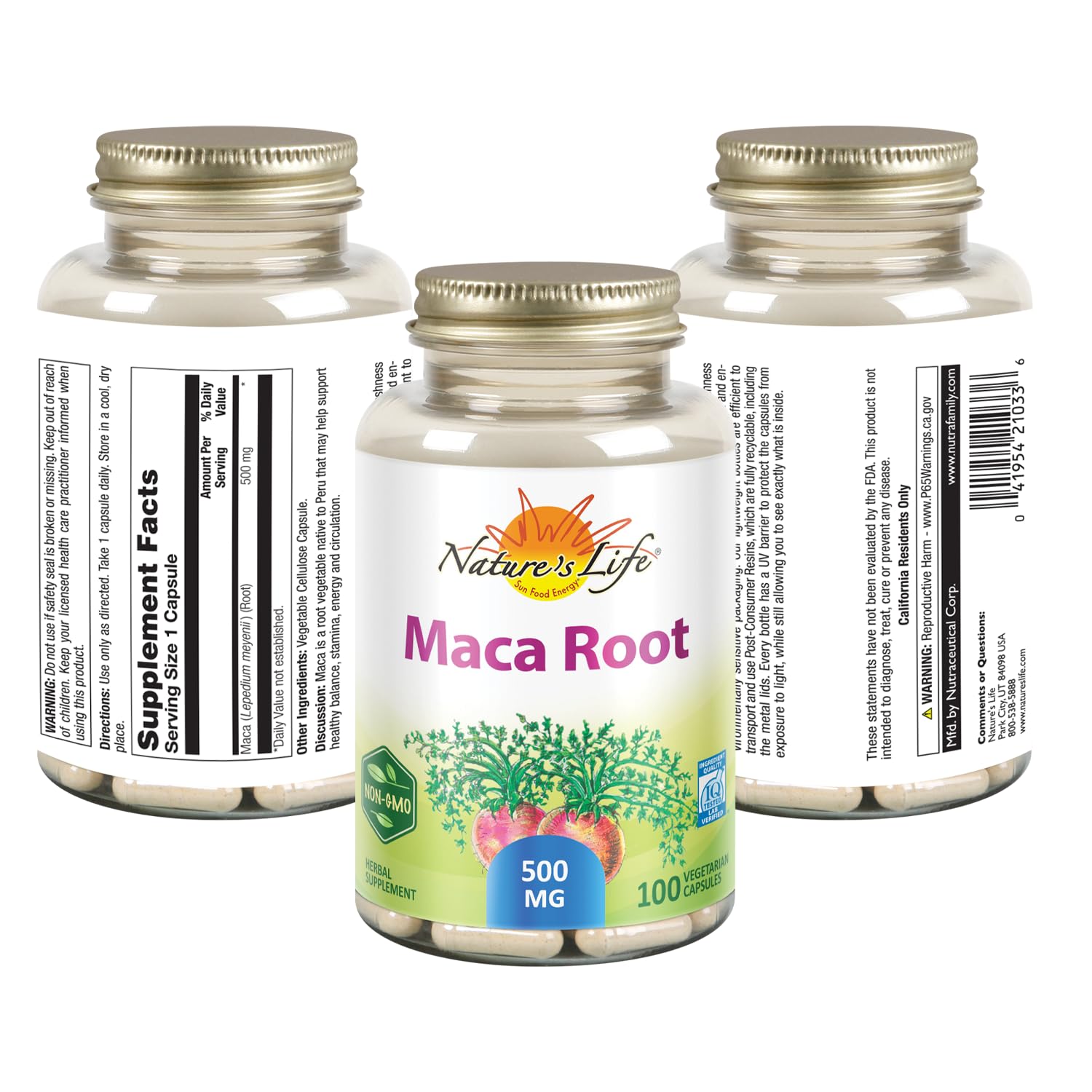Nature's Life Maca Root 500mg : etiquette montrant produit vegan et sans OGM.