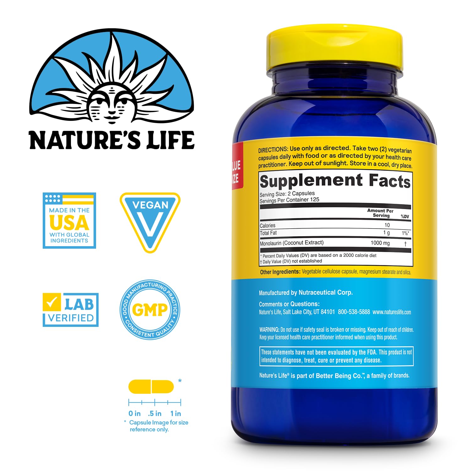 Nature's Life Monolaurin 1000 mg – emballage élégant et utilisation quotidienne facile.