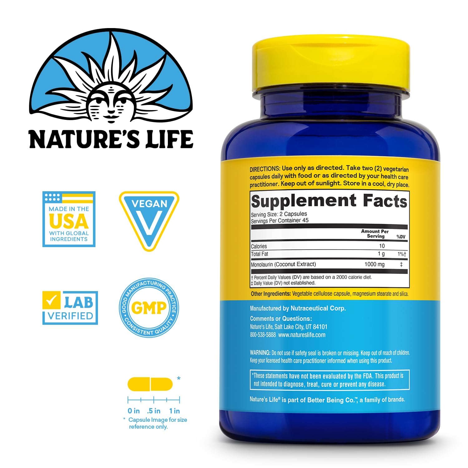 Nature's Life Monolaurin - gélules végétariennes pour une digestion équilibrée.