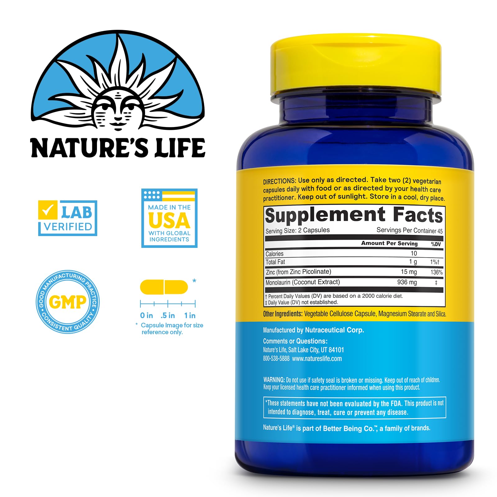 Nature's Life Monolaurin Plus Zinc – Étiquette et certifications GMP.