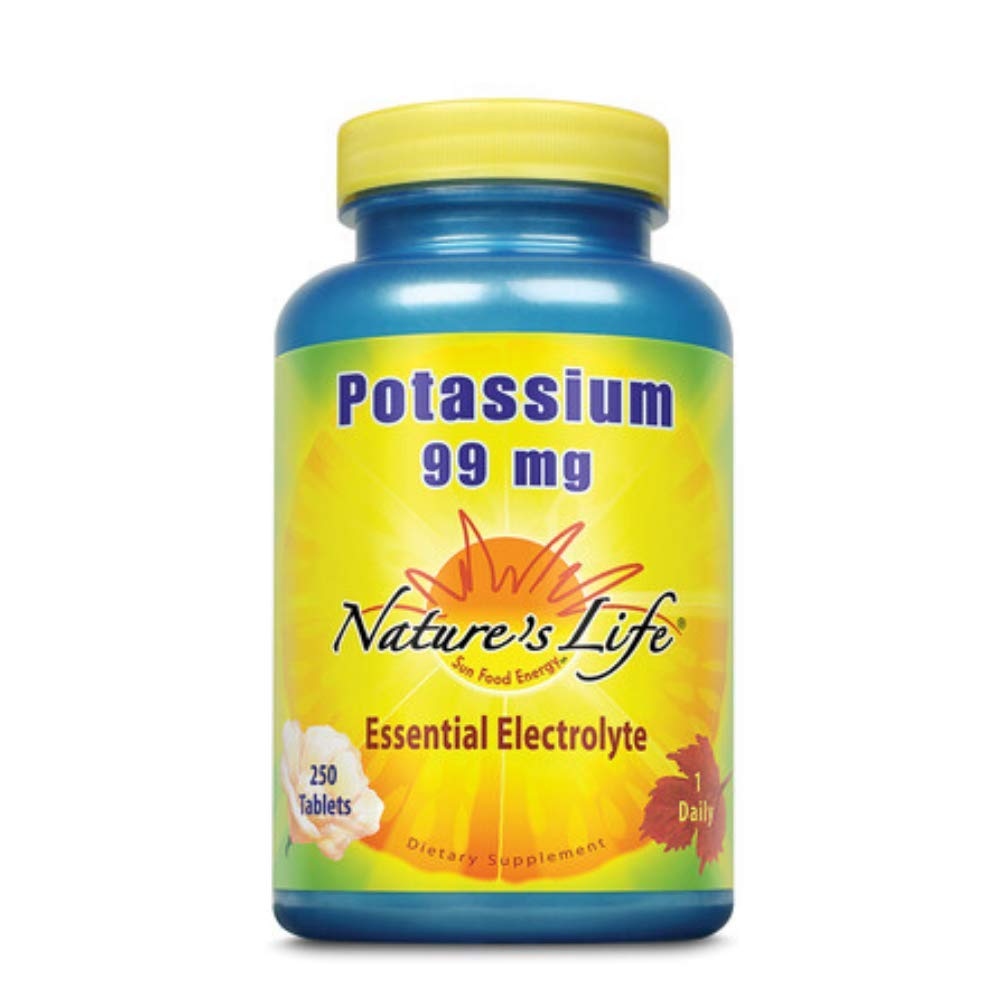 Potassium Nature's Life, bouteille montrée soutient la fonction musculaire normale.