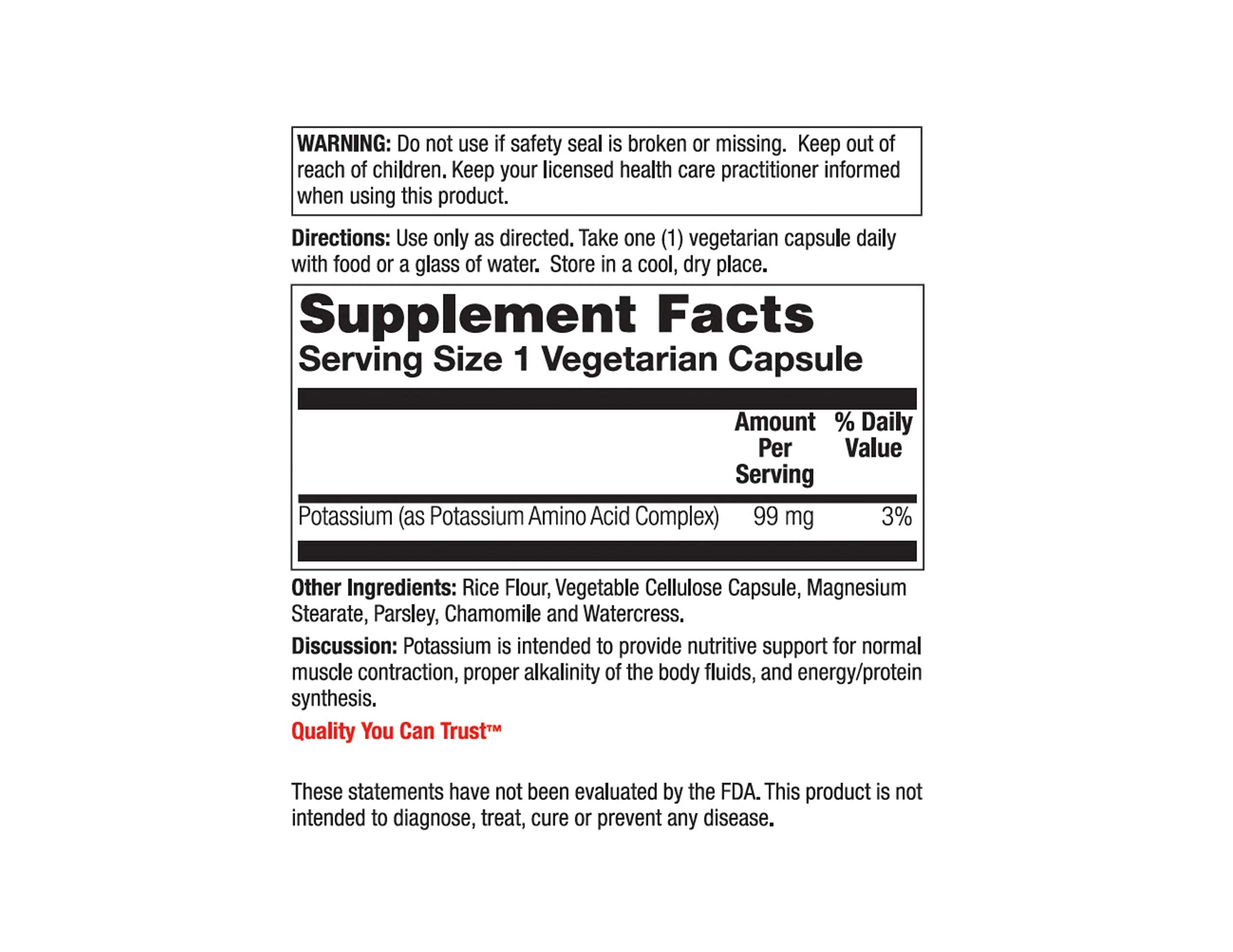 Nature's Life Potassium 99 mg – Capsules, maintien potentiel de l'équilibre des fluides corporels.