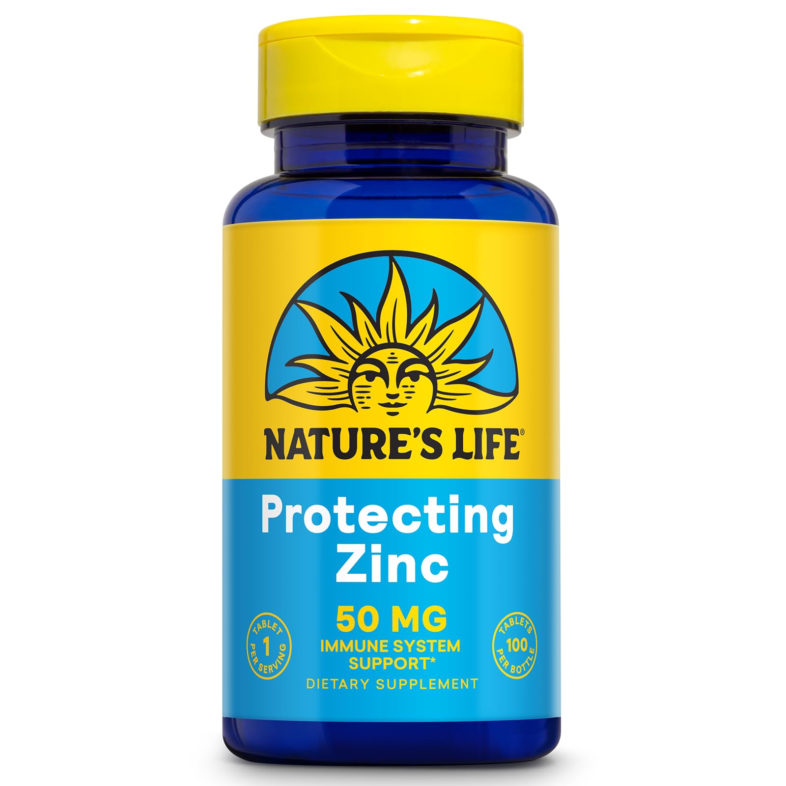 Nature's Life Protecting Zinc 50 mg – flacon visible, soutien immunitaire potentiel et absorption améliorée.