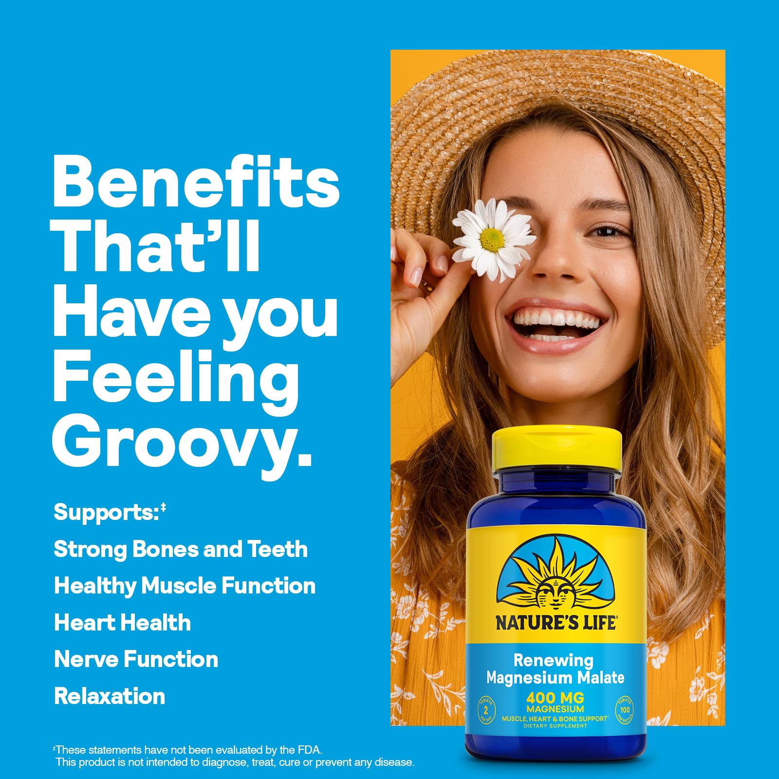 Nature's Life Renewing Magnesium Malate 400 mg — étiquette claire facilitant le dosage et le choix.