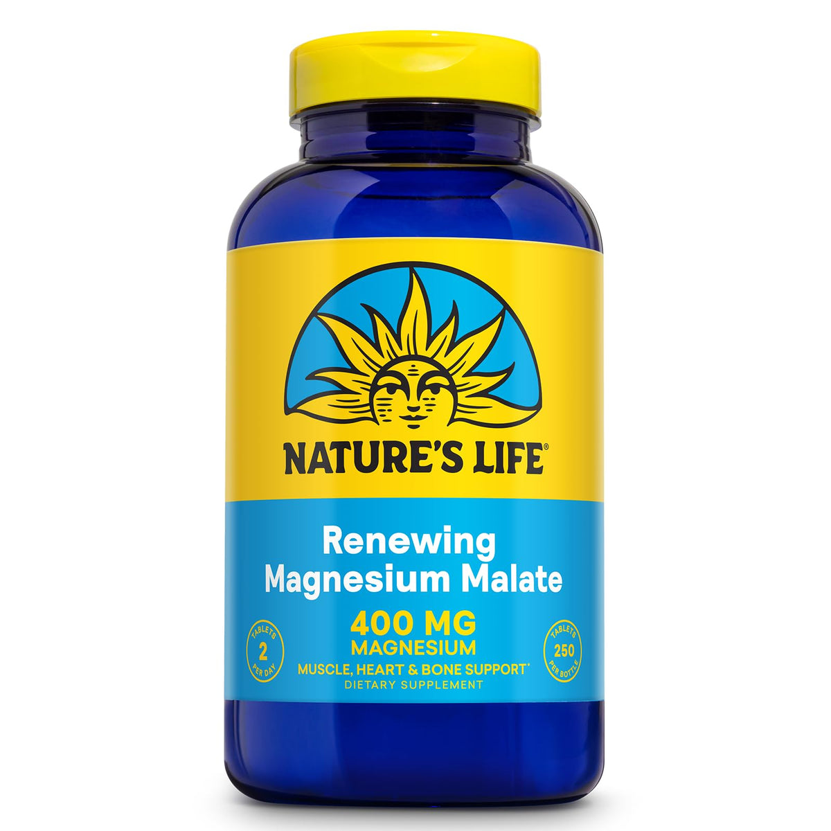 Nature's Life Renewing Magnesium Malate en bouteille soutient les muscles et la vitalité.