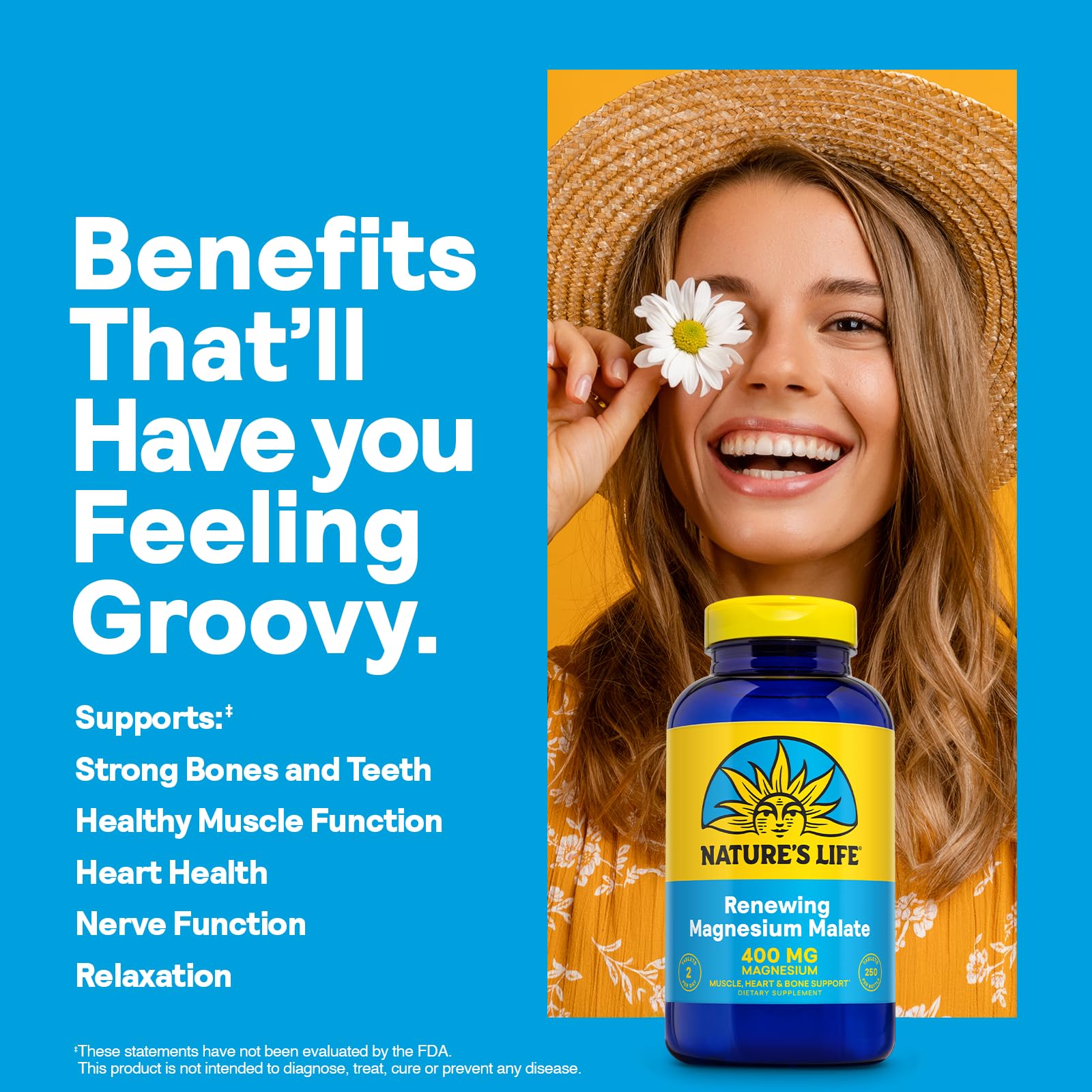 Etiquette produit Nature's Life Renewing Magnesium Malate indique le dosage.
