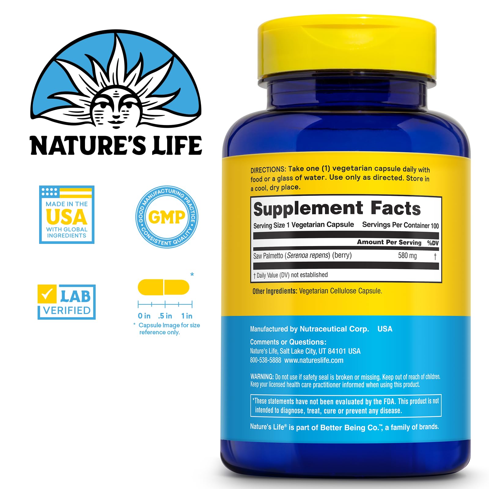 Nature's Life Saw Palmetto pour hommes – capsules 580 mg, prise pratique.