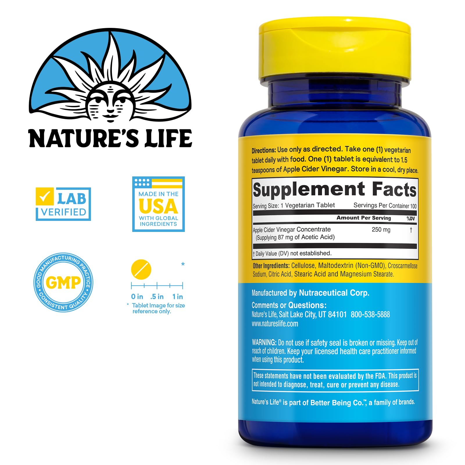 Nature's Life tablettes 250 mg dosage visible pour faciliter l'utilisation.