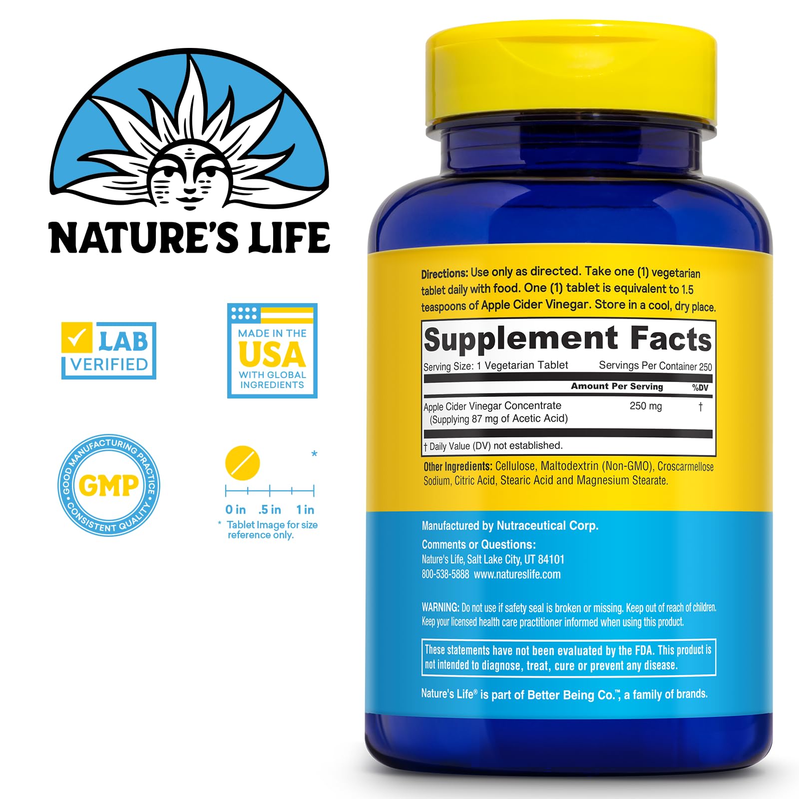 Nature's Life vinaigre de cidre tablettes ingrédients : qualité et pureté