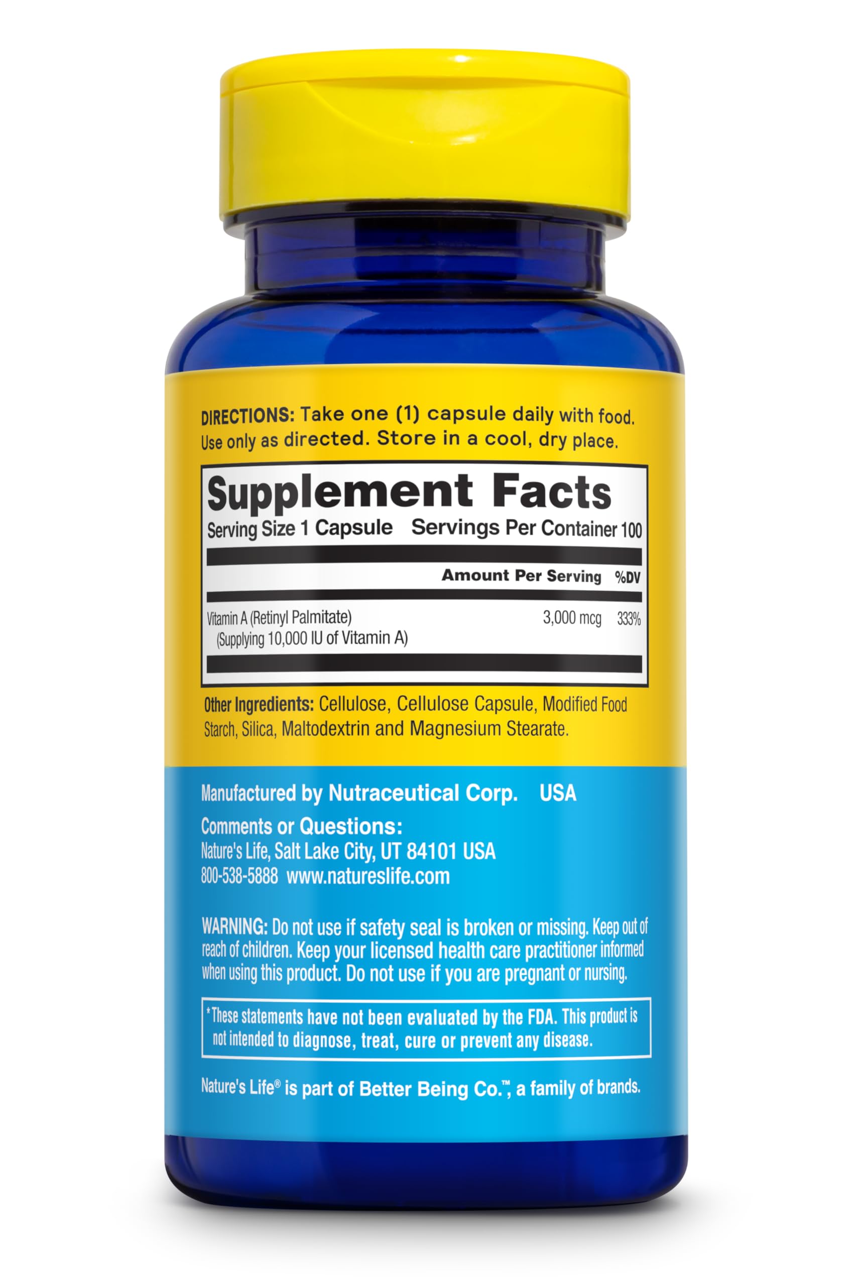 Nature's Life Vitamine A, étiquette et emballage, informations claires pour l'usage quotidien
