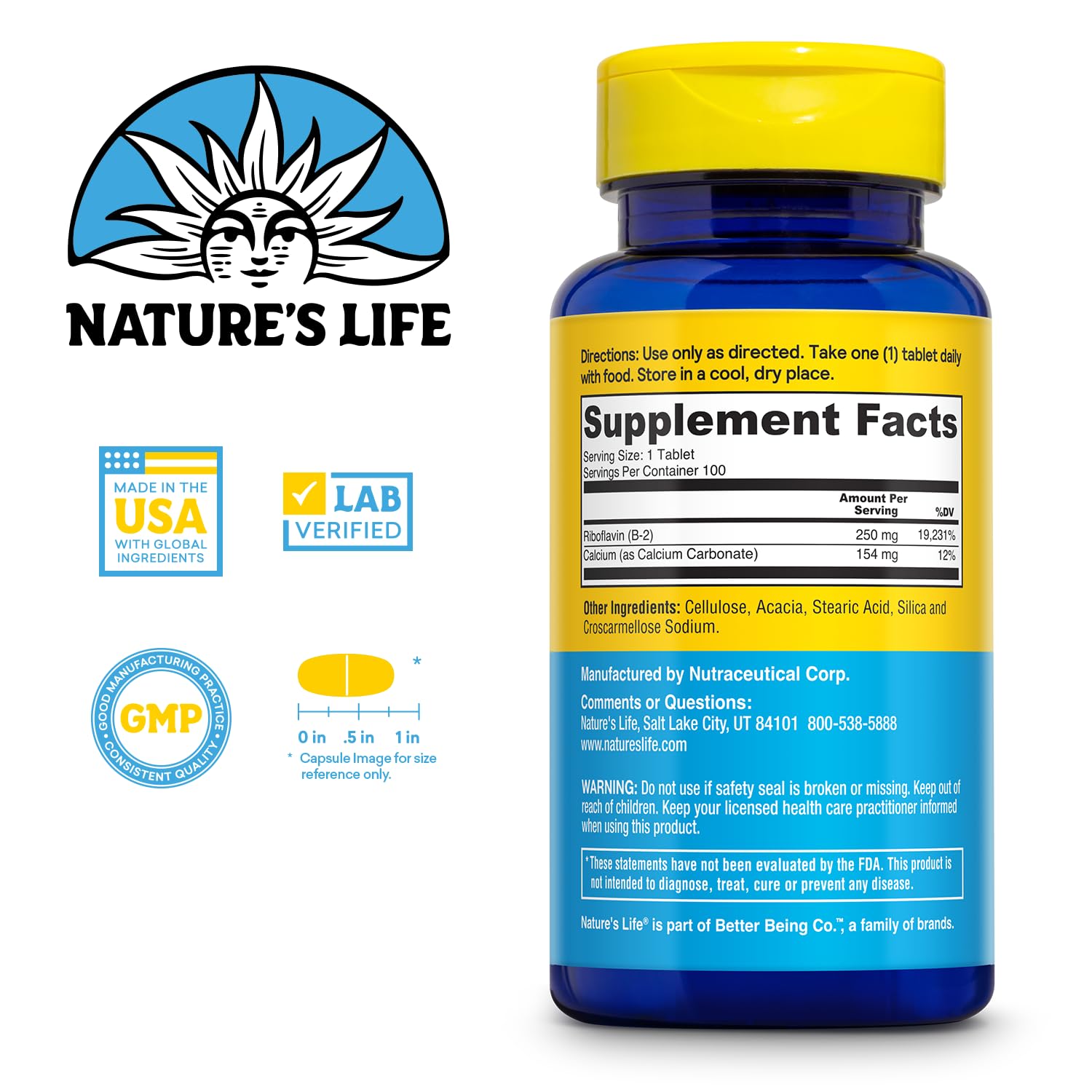 Nature's Life Vitamine B2 – comprimés calcium pour soutien quotidien