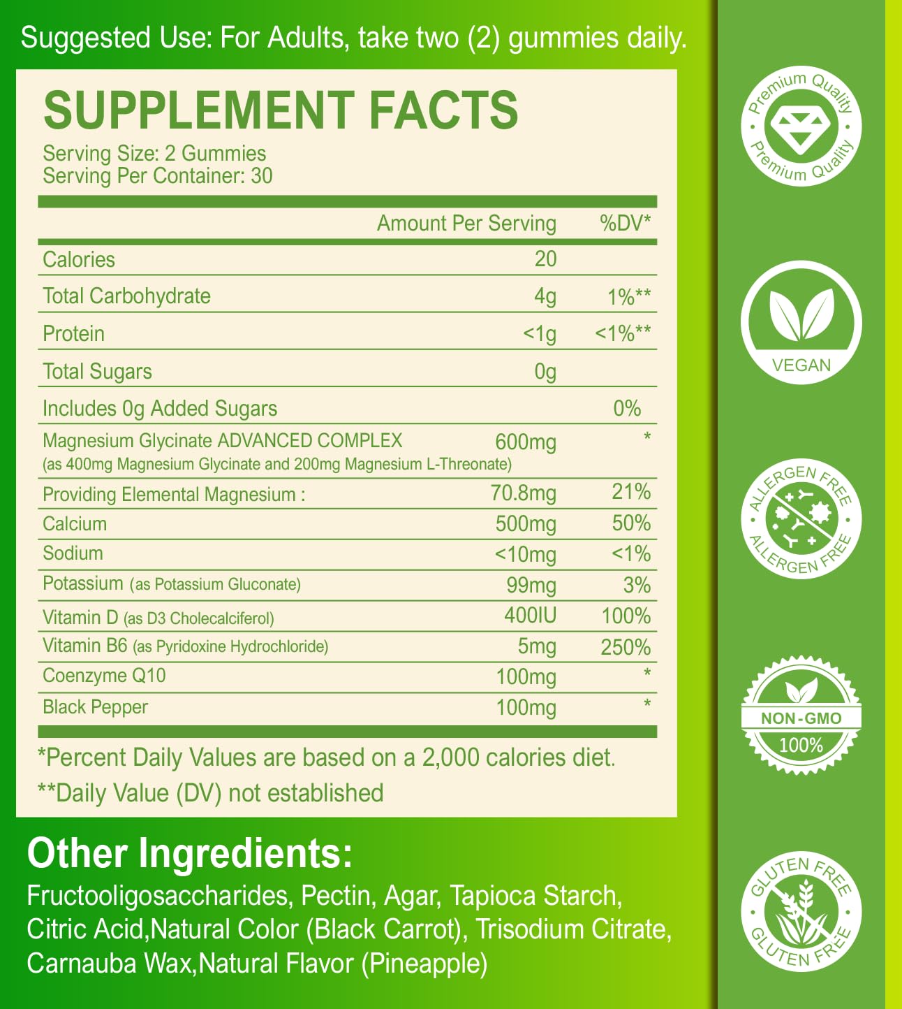 Étiquette Nature's live magnésium glycinate – informations nutritionnelles