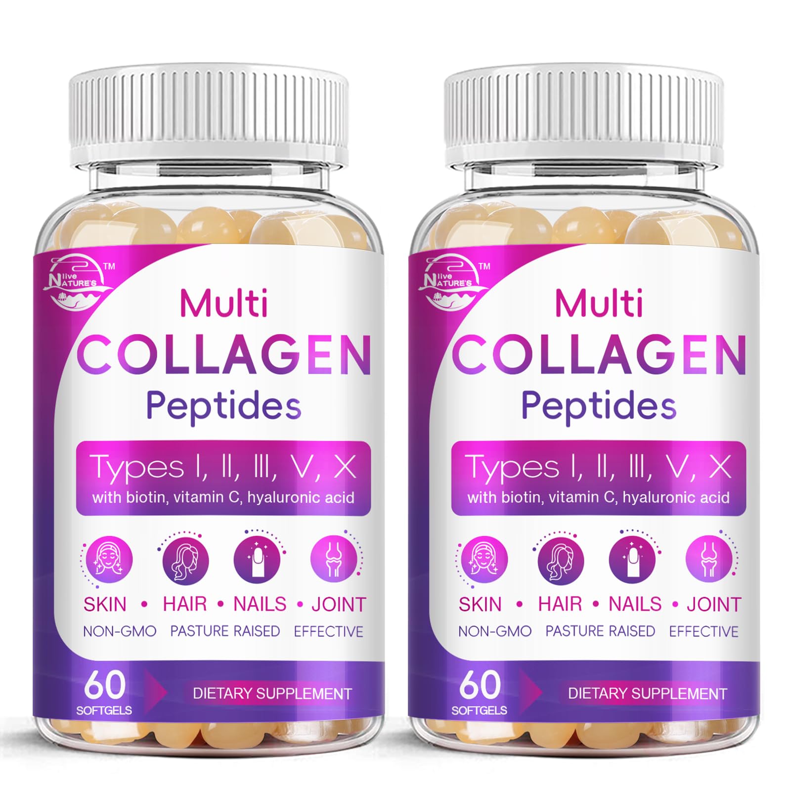 Nature's live softgel-collagen multi-type sur bouteille, soutien potentiel à la peau saine