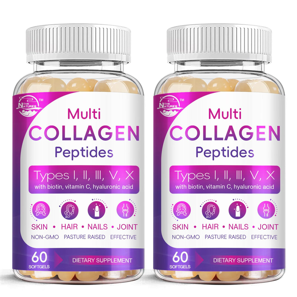 Nature's live softgel-collagen multi-type sur bouteille, soutien potentiel à la peau saine