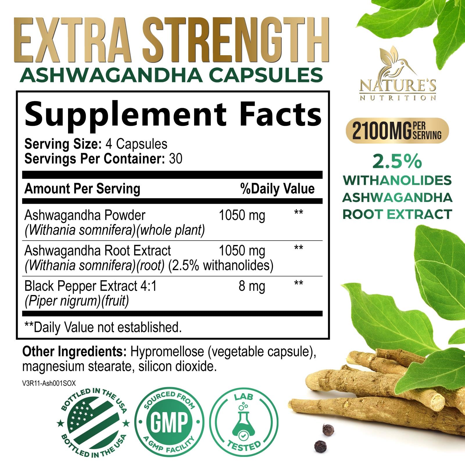 Bouteille Nature's Nutrition Ashwagandha prête à l’emploi dans votre routine.