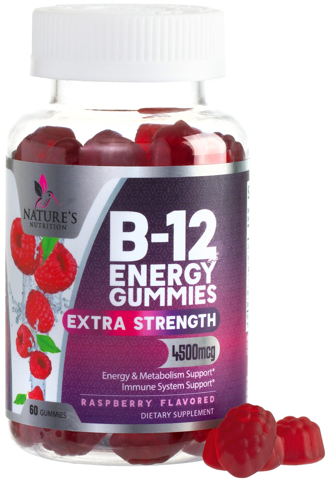Gommes B12 Énergie Nature's Nutrition dans leur bouteille, soutien potentiel à l'énergie quotidienne.
